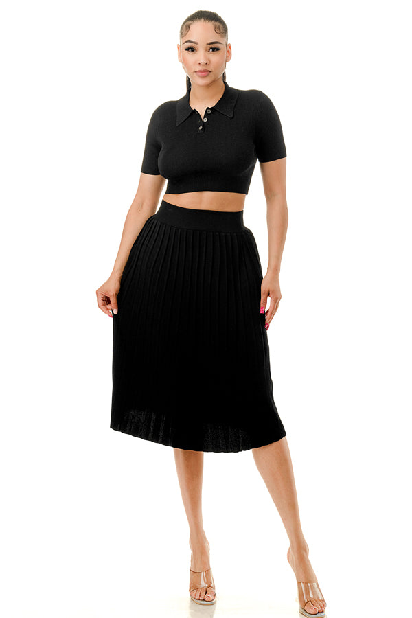 TS1227 - Collared Button Up Crop Top and Tennis Midi Skirt