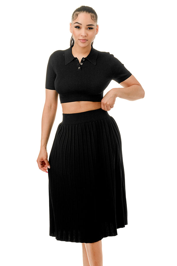 TS1227 - Collared Button Up Crop Top and Tennis Midi Skirt