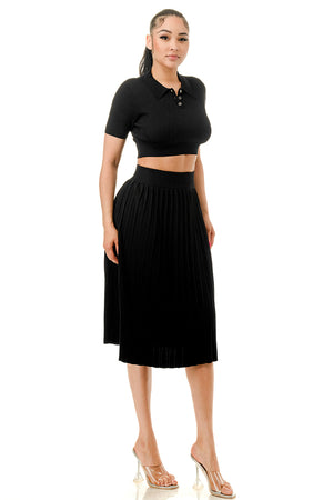 TS1227 - Collared Button Up Crop Top and Tennis Midi Skirt