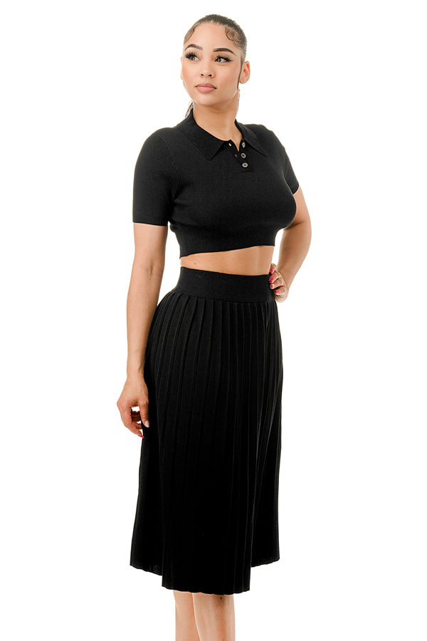 TS1227 - Collared Button Up Crop Top and Tennis Midi Skirt