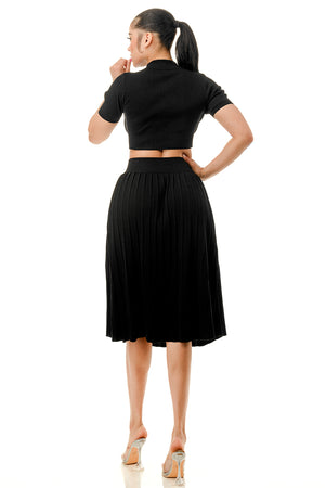 TS1227 - Collared Button Up Crop Top and Tennis Midi Skirt