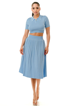 TS1227 - Collared Button Up Crop Top and Tennis Midi Skirt