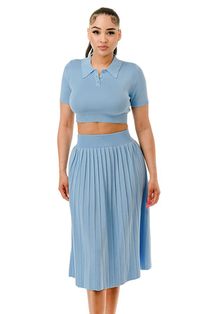 TS1227 - Collared Button Up Crop Top and Tennis Midi Skirt