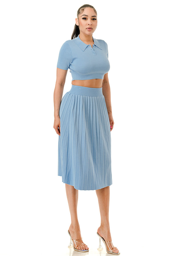 TS1227 - Collared Button Up Crop Top and Tennis Midi Skirt