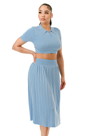 TS1227 - Collared Button Up Crop Top and Tennis Midi Skirt