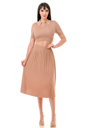 TS1227 - Collared Button Up Crop Top and Tennis Midi Skirt