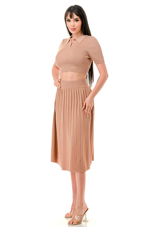 TS1227 - Collared Button Up Crop Top and Tennis Midi Skirt