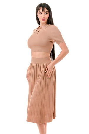 TS1227 - Collared Button Up Crop Top and Tennis Midi Skirt