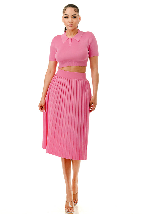 TS1227 - Collared Button Up Crop Top and Tennis Midi Skirt