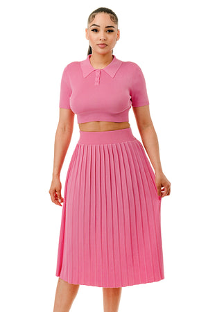 TS1227 - Collared Button Up Crop Top and Tennis Midi Skirt