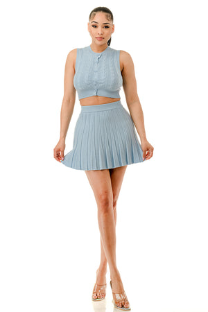 TS1230-Sleeveless Cable Knit Top and Tennis Mini Skirt