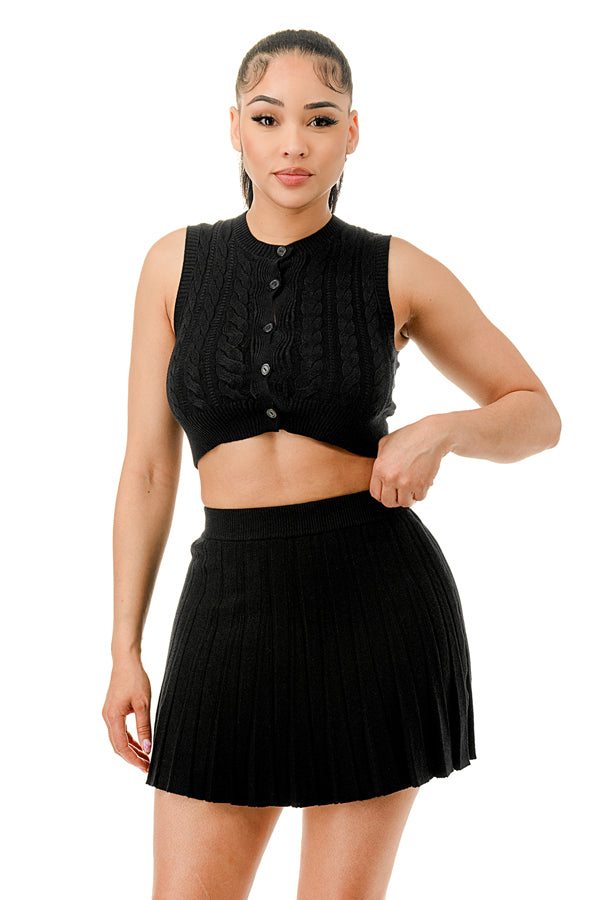 TS1230-Sleeveless Cable Knit Top and Tennis Mini Skirt