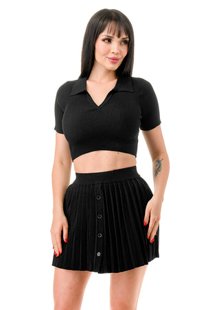 TS1239-Collared Crop Top and Mini Tennis Skirt Set