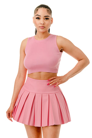 TS1243 - Knit Crop Top and Leather Tennis Mini Skirt Set