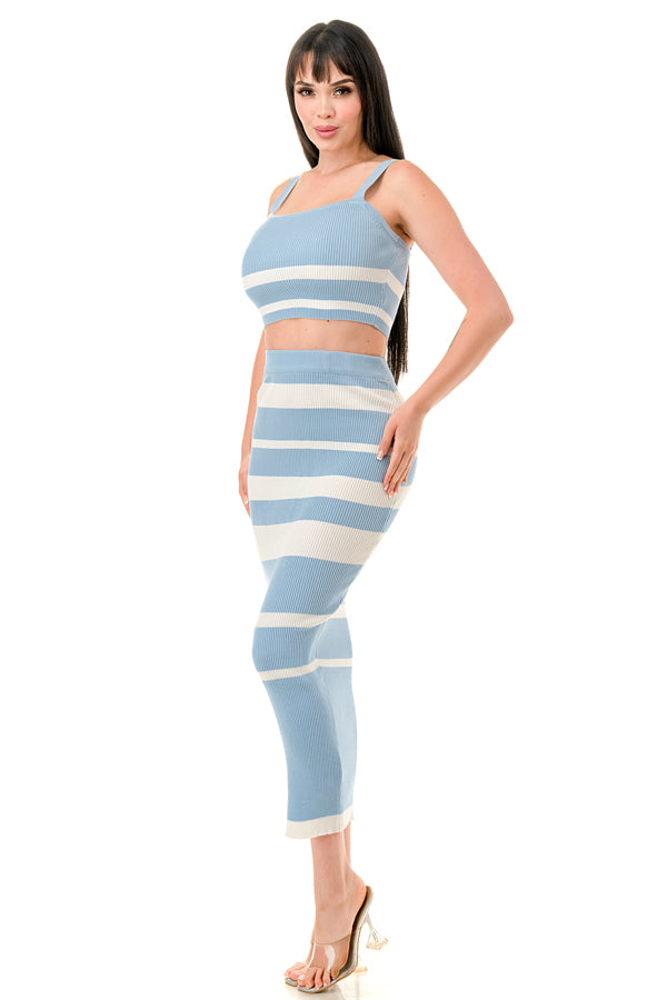 TS1276 - Multi Striped Crop Top and Midi Skirt Set