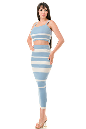 TS1276 - Multi Striped Crop Top and Midi Skirt Set