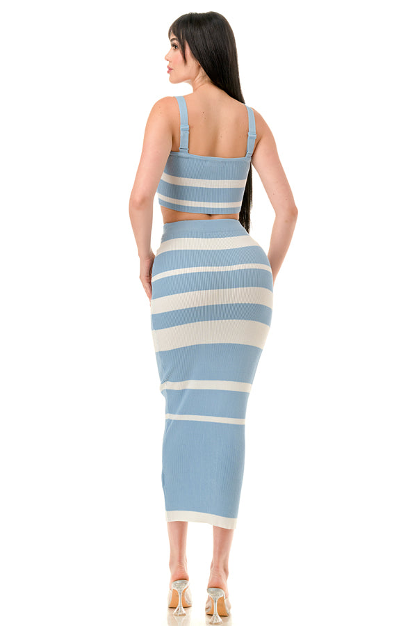 TS1276 - Multi Striped Crop Top and Midi Skirt Set