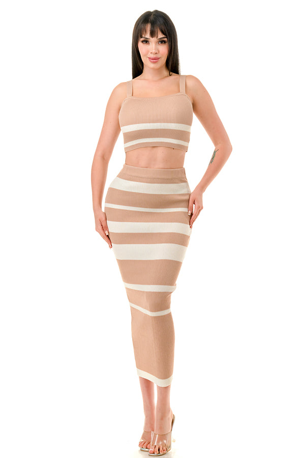 TS1276 - Multi Striped Crop Top and Midi Skirt Set