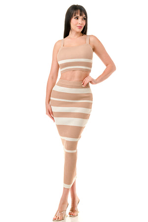 TS1276 - Multi Striped Crop Top and Midi Skirt Set