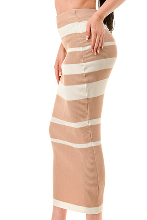 TS1276 - Multi Striped Crop Top and Midi Skirt Set