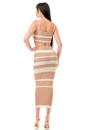 TS1276 - Multi Striped Crop Top and Midi Skirt Set