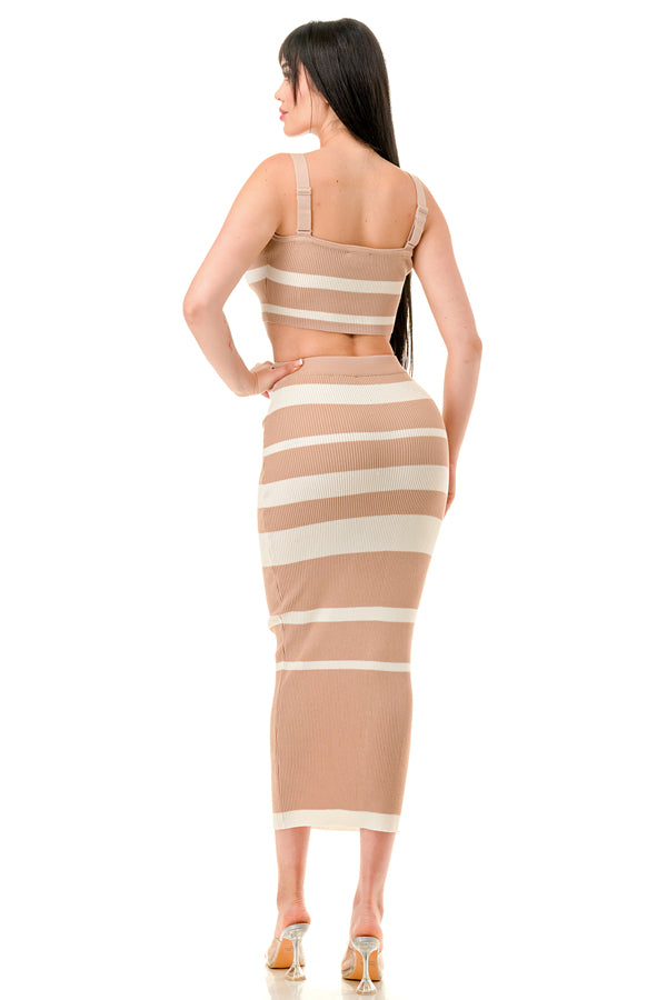 TS1276 - Multi Striped Crop Top and Midi Skirt Set