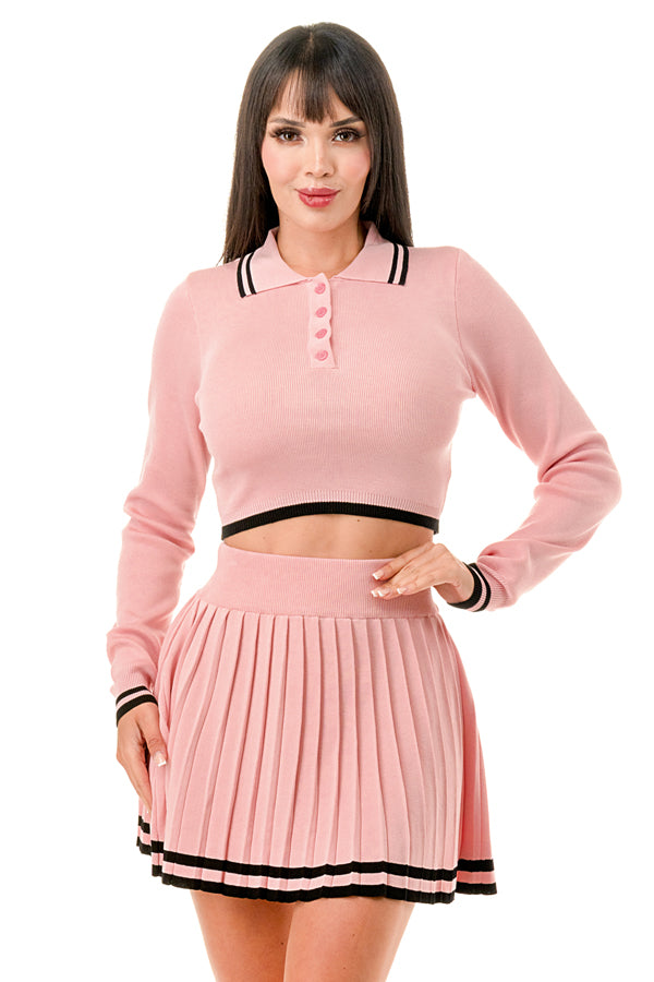 TS1321 - Long Sleeve Crop Top and Tennis Skirt Set