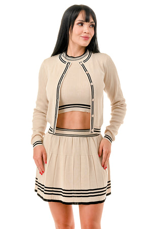 TS1336 Long Sleeve Cardigan and Mini Skirt 3 Piece Set