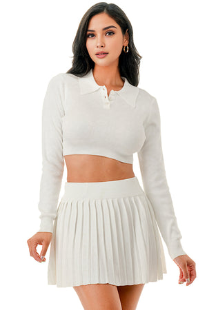 TS1346 Collared Crop Top and Pleated Tennis Skirt Set