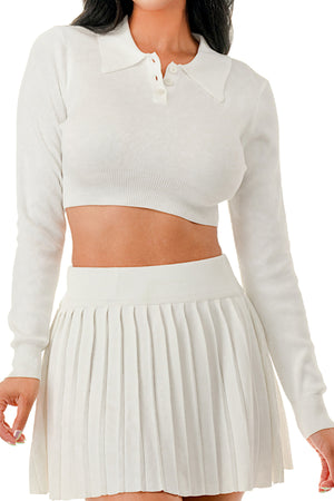 TS1346 Collared Crop Top and Pleated Tennis Skirt Set