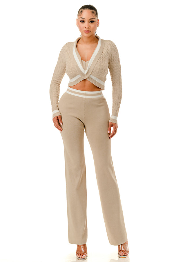 TP1433 - Cable Knit Pattern Top And Wide Leg Pants Set