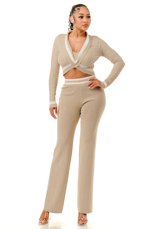 TP1433 - Cable Knit Pattern Top And Wide Leg Pants Set