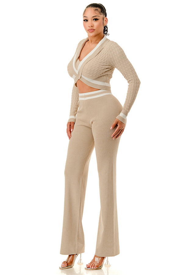 TP1433 - Cable Knit Pattern Top And Wide Leg Pants Set