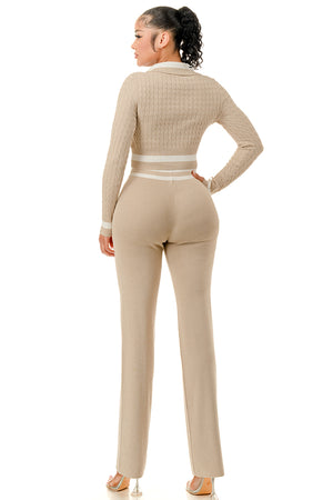 TP1433 - Cable Knit Pattern Top And Wide Leg Pants Set