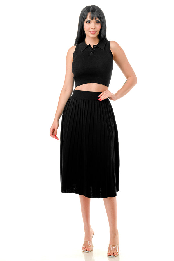 TS1228 - Button Up Crop Top and Over the Knee Skirt Set