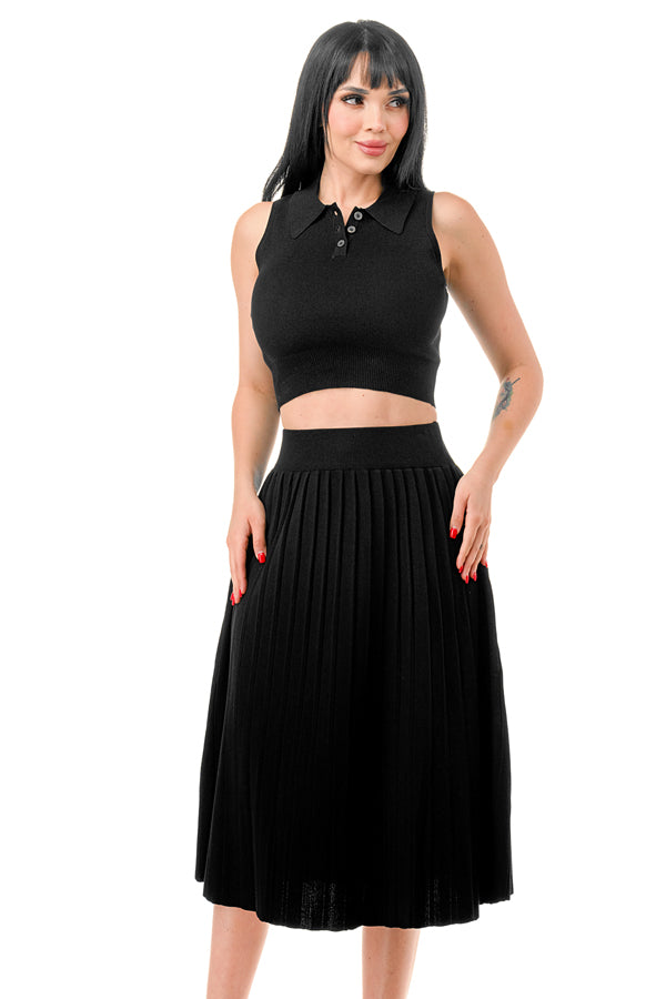 TS1228 - Button Up Crop Top and Over the Knee Skirt Set