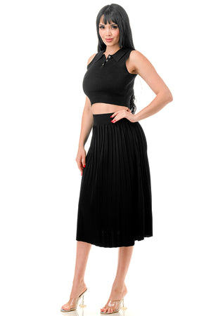 TS1228 - Button Up Crop Top and Over the Knee Skirt Set