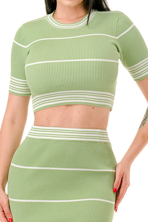 SW3878 - Striped Crop Top and Midi Skirt Set