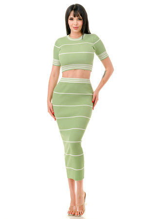 SW3878 - Striped Crop Top and Midi Skirt Set