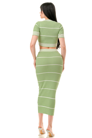 SW3878 - Striped Crop Top and Midi Skirt Set