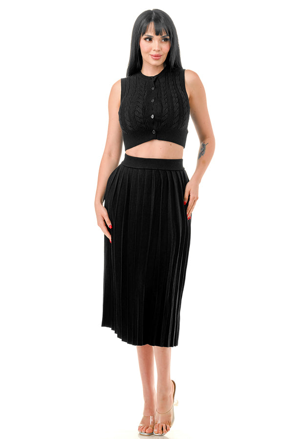 TS1232 - Cable Knit Button Up Crop Top and Midi Skirt Set