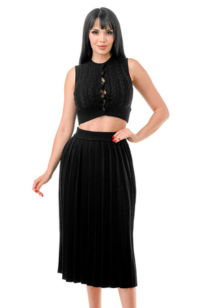 TS1232 - Cable Knit Button Up Crop Top and Midi Skirt Set