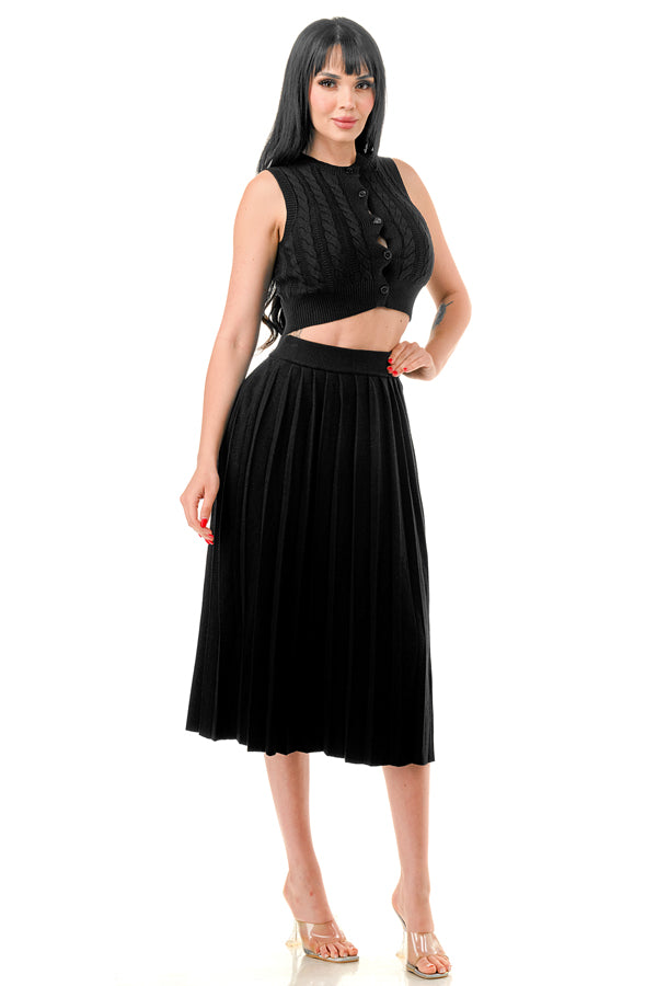 TS1232 - Cable Knit Button Up Crop Top and Midi Skirt Set