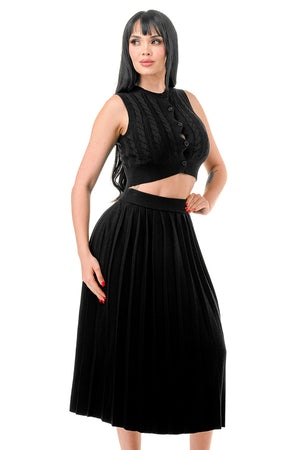 TS1232 - Cable Knit Button Up Crop Top and Midi Skirt Set