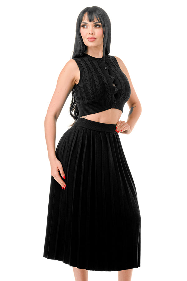 TS1232 - Cable Knit Button Up Crop Top and Midi Skirt Set