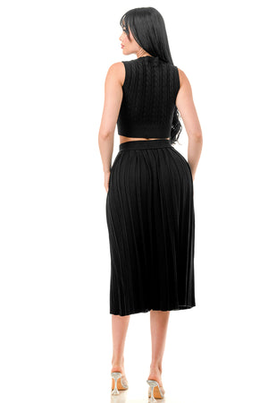 TS1232 - Cable Knit Button Up Crop Top and Midi Skirt Set