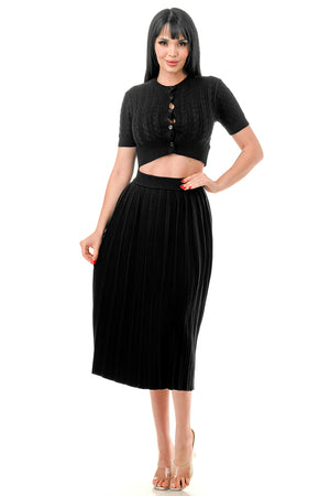 TS1231 - Cable Knit Button Up Crop Top and Midi Skirt Set