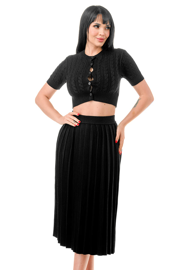 TS1231 - Cable Knit Button Up Crop Top and Midi Skirt Set