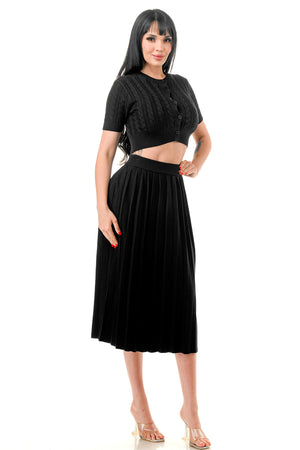 TS1231 - Cable Knit Button Up Crop Top and Midi Skirt Set