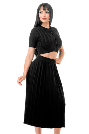 TS1231 - Cable Knit Button Up Crop Top and Midi Skirt Set